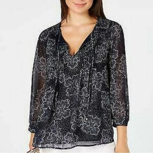 Tommy Hilfiger Sheer Floral Pintuck Blouse Boho Coastal Navy White Small NEW